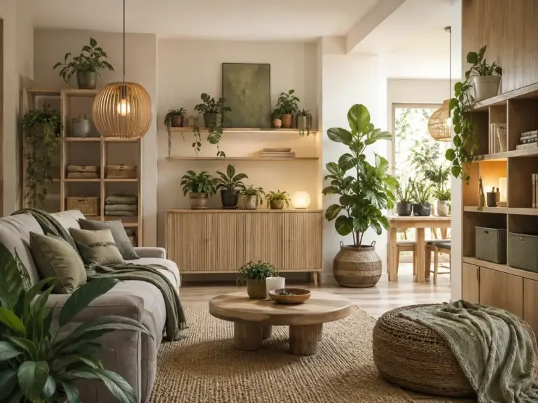 Duurzaam ingericht interieur met houten meubels, natuurlijke materialen, planten en slimme opbergruimte.