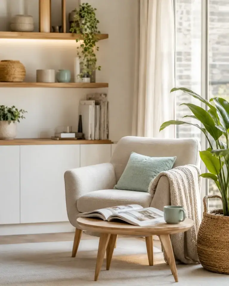 Sfeervolle leeshoek met comfortabele fauteuil, woonmagazine, groene planten, houten bijzettafel en zachte mintgroene details.