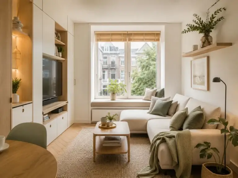 Compacte Nederlandse woonkamer met slimme opbergruimte, lichte kleuren en groene woonaccessoires.