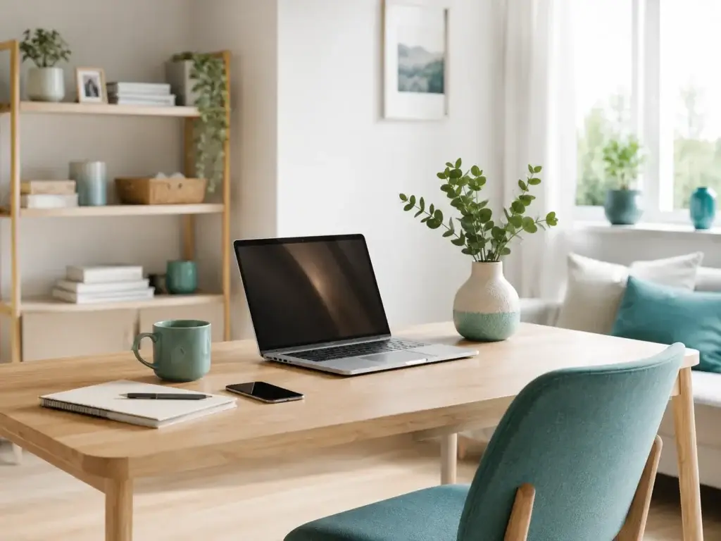 Lichte moderne thuiswerkplek met houten bureau, laptop, turquoise stoel, vaas met groen en een rustige woonkamer op de achtergrond.