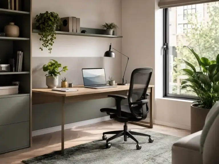 Moderne thuiswerkplek met houten bureau, ergonomische bureaustoel, laptop en kamerplanten.