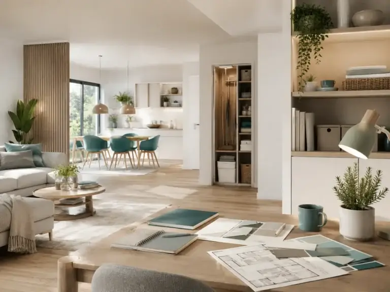 Moderne open woning met slimme opbergruimte, werktafel, natuurlijke materialen en turquoise accenten.