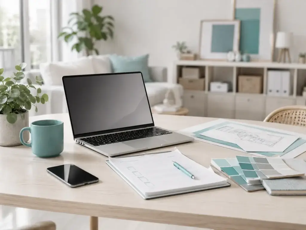 Moderne werktafel met laptop, notities, kleurstalen, telefoon en koffiemok in een lichte woonkamer met zachte turquoise accenten.