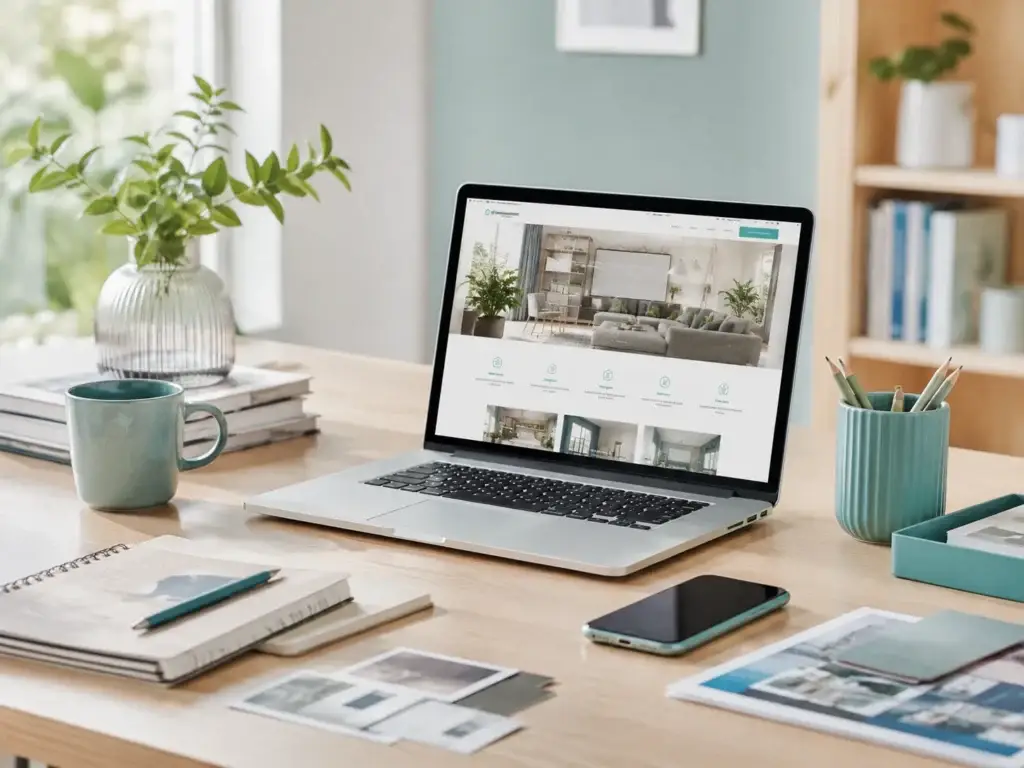 Moderne thuiswerkplek met laptop, wooninspiratie, notitieboek, telefoon en turquoise woonaccessoires.