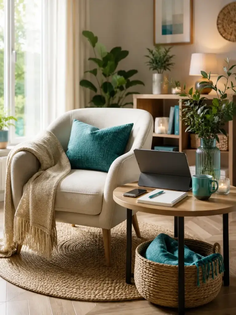 Gezellige leeshoek met comfortabele fauteuil, turquoise kussen, tablet op bijzettafel, planten en warme woonaccessoires.