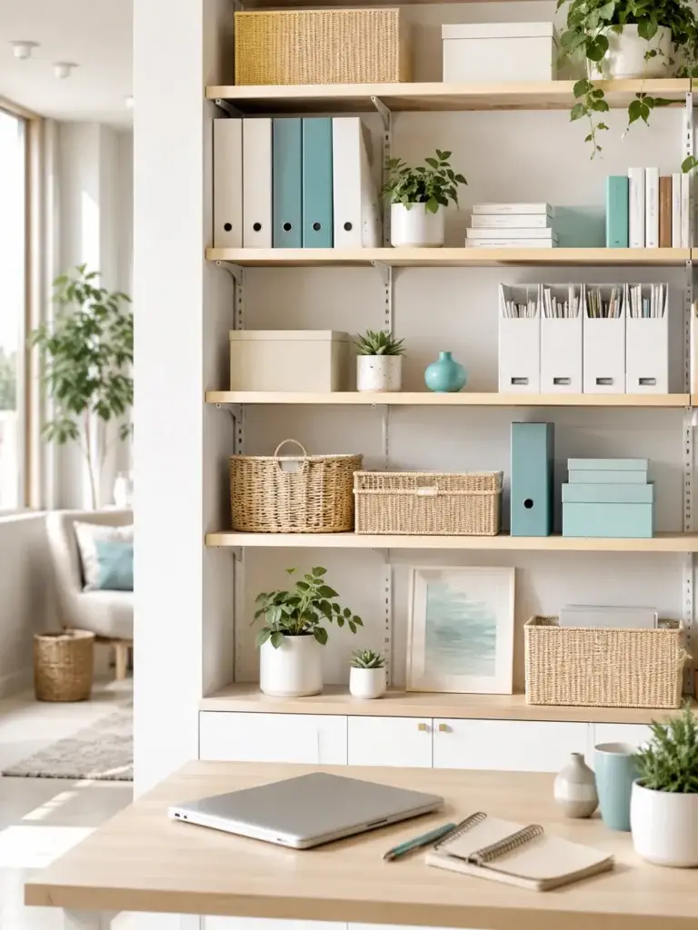 Open wandkast met manden, ordners, planten en stijlvolle opbergoplossingen in een licht en modern interieur.