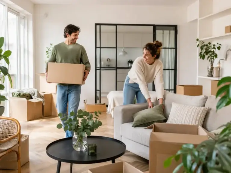 Jong stel richt samen een lichte nieuwe woning in met verhuisdozen, meubels en woonaccessoires.