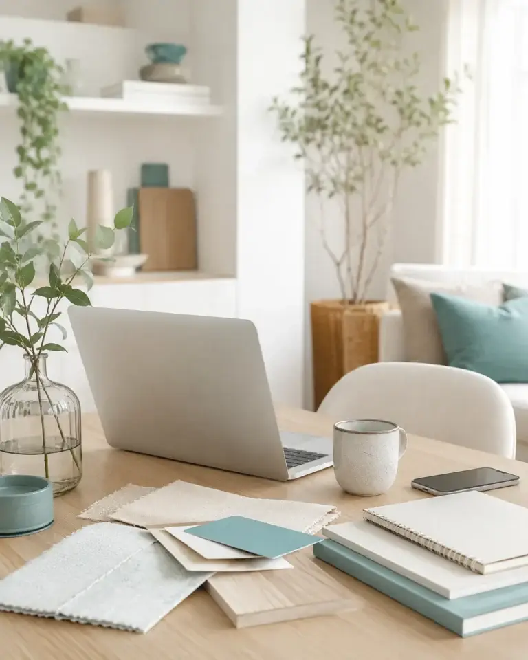 Lichte thuiswerkplek met laptop, notitieboeken, materiaalstalen, planten en zachte turquoise accenten.