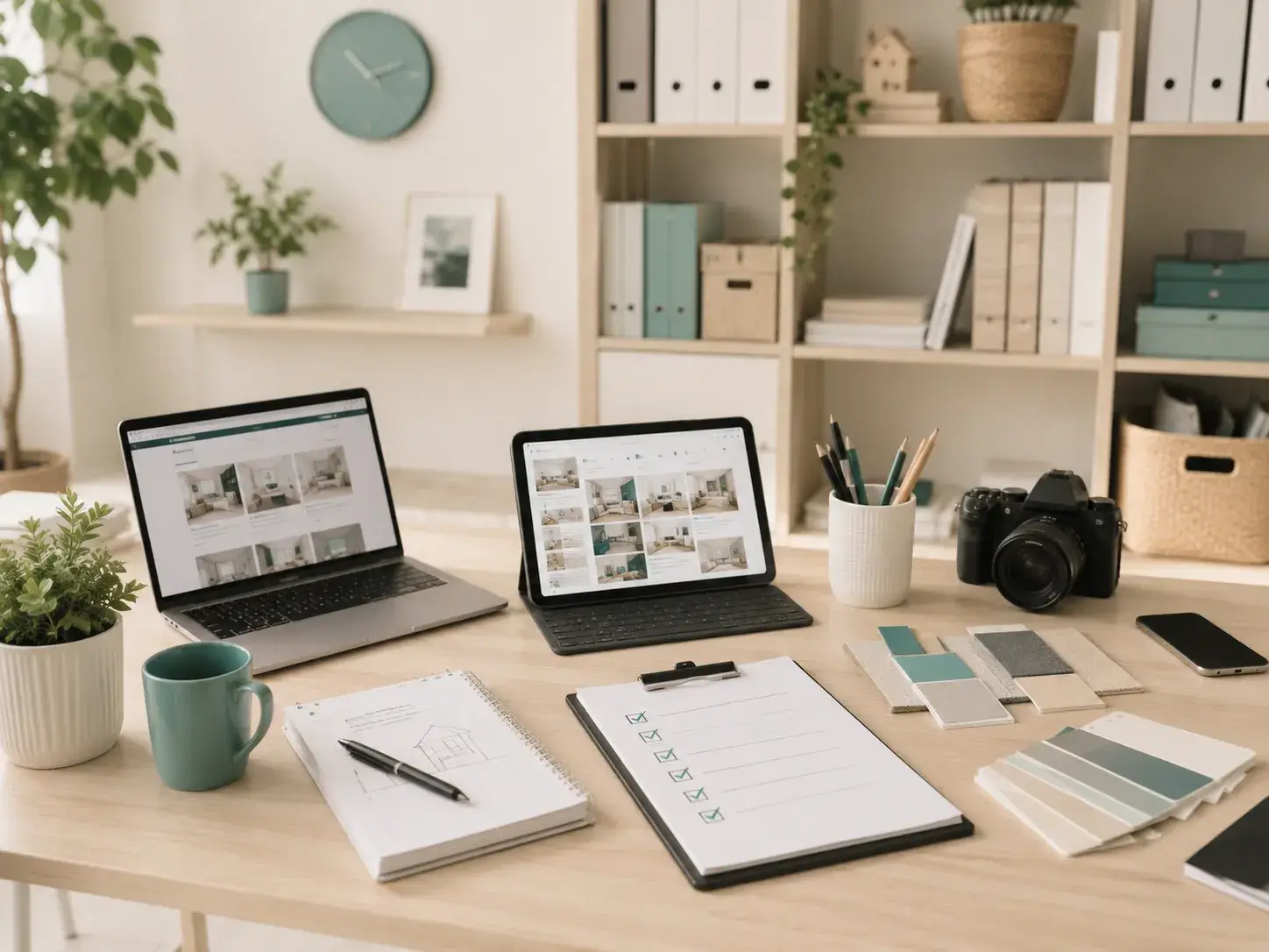 Georganiseerde werktafel met laptop, tablet, camera, checklist en materiaalstalen voor het maken van wooncontent.