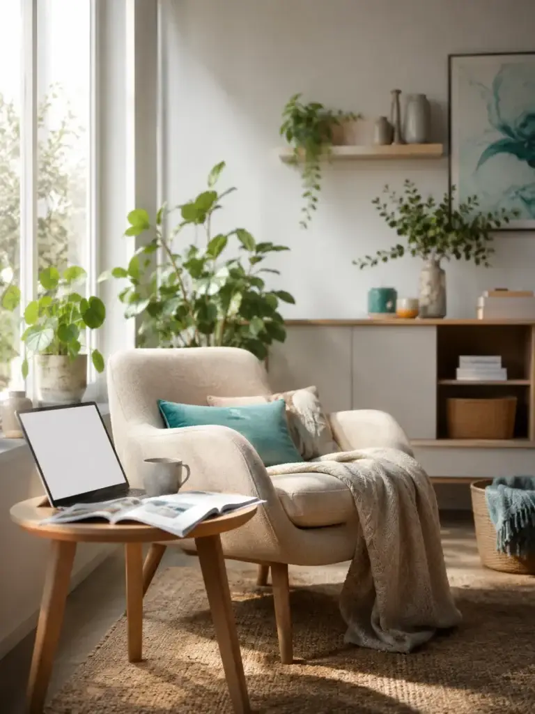 Sfeervolle leeshoek met comfortabele fauteuil, laptop, woonmagazine, planten en turquoise woonaccessoires.